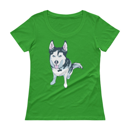 Ladies' Scoopneck T-Shirt- Aqua the Husky